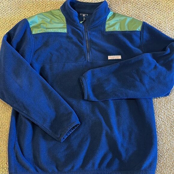 Vineyard Vines Men’s Navy Blue & Green 1/4 Zipper Fleece Pullover - Picture 1 of 8